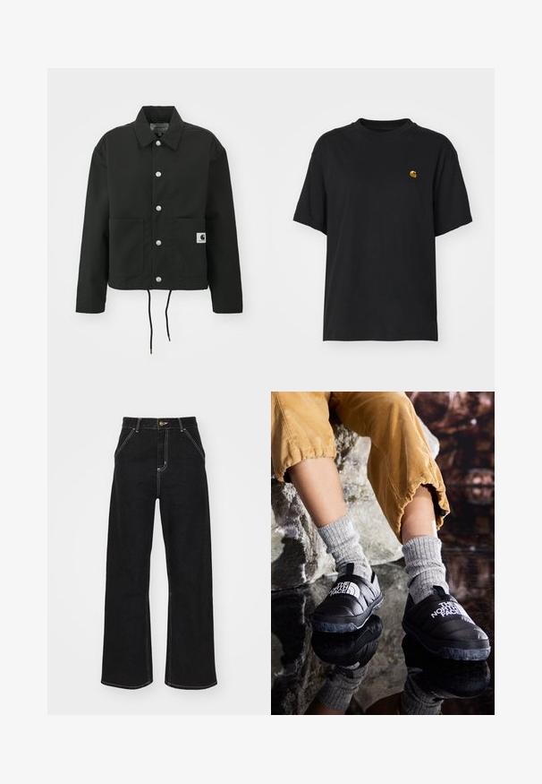 Černá zkrácená bunda vyrobená z odolné tkaniny. Obsahuje klasický límec, stříbrné cvoky, dvě přední kapsy a nastavitelné stahování v dolní části.; Černé bavlněné tričko s uvolněným střihem. Má kulatý výstřih a krátké rukávy. Obsahuje malé zlaté vyšívané logo na hrudi.; Černé široké džínsy vyrobené z denimu, s kontrastním bílým prošitím a předním zapínáním na knoflík, se dvěma šikmými předními kapsami.; Černé zateplené nazouvací boty s texturovanou podrážkou a bílým logem, nošené se šedými pletenými ponožkami, v kombinaci s žebrovanými kalhotami v hořčicové barvě.