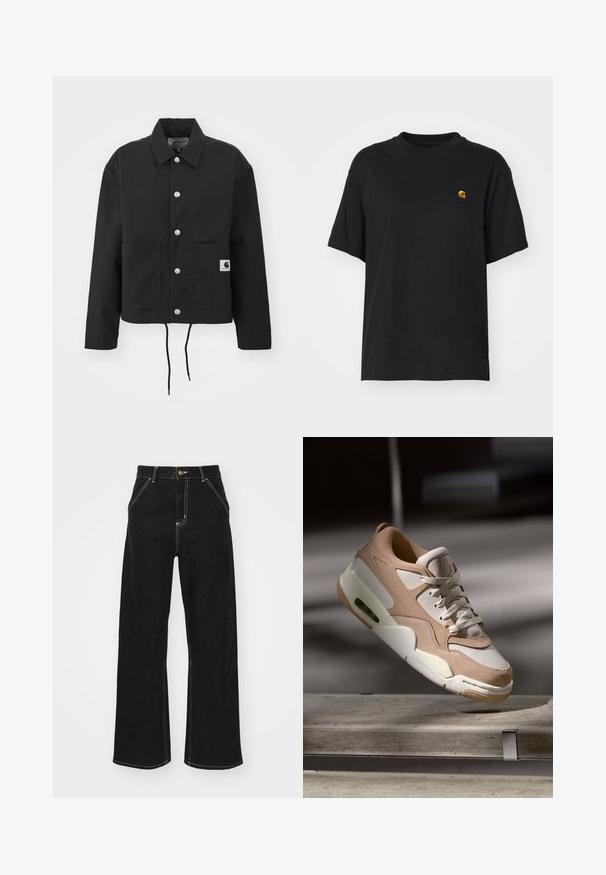 Casaco cropped preto feito de tecido durável. Apresenta um colarinho clássico, botões de pressão prateados, dois bolsos frontais e bainha ajustável com cordão.; T-shirt de algodão preto com um corte descontraído. Apresenta um decote redondo e mangas curtas. Inclui um pequeno logotipo bordado a dourado no peito.; Calças de ganga largas pretas, com costuras brancas em contraste e fecho frontal com botão, apresentando dois bolsos frontais inclinados.; Sapatilhas bege e brancas com um acabamento em couro liso e camurça, apresentando uma língua almofadada, frente com atacadores e uma unidade de amortecimento de ar visível.