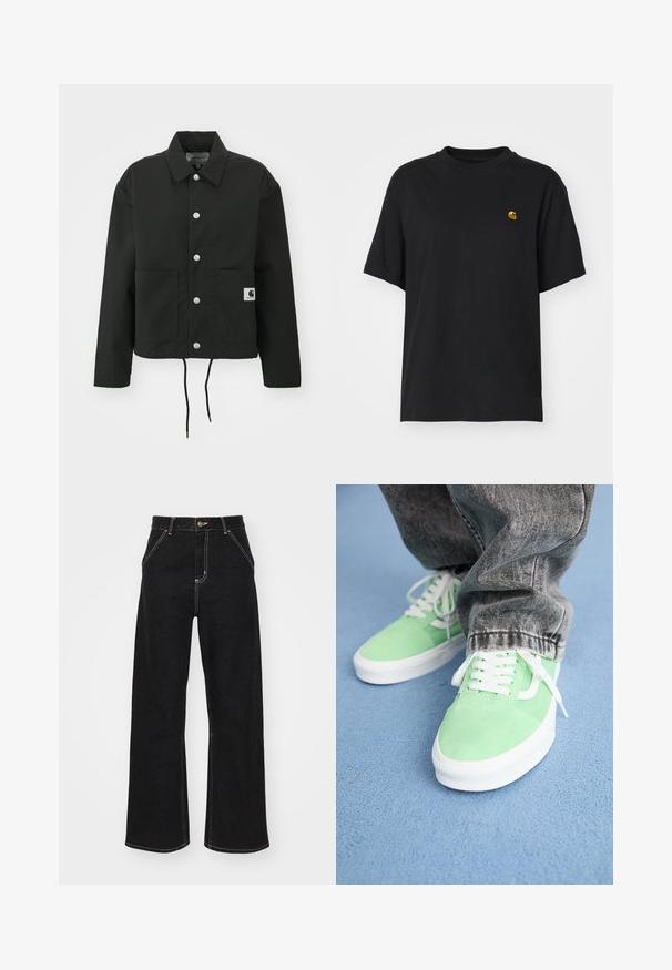 Jachetă neagră scurtă, fabricată dintr-un material durabil. Prezintă un guler clasic, nasturi cu clipsuri argintii, două buzunare frontale și un tiv ajustabil cu șnur.; Tricou din bumbac negru, cu o croială lejeră. Are guler rotund și mâneci scurte. Include un mic logo brodat auriu pe piept.; Jeans negri, cu pantaloni evazați, din denim, caracterizându-se prin cusături albe contrastante și închidere cu un nasture în față, având două buzunare frontale înclinate.; Persoană îmbrăcată cu adidași verde deschis și albi, cu șireturi albe, și blugi negri decolorati, stând pe un podea texturată albastră.
