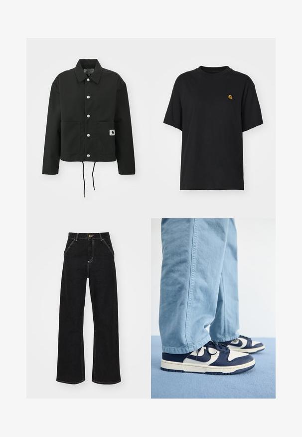 Sort cropped jakke lavet af slidstærkt stof. Har en klassisk krave, sølvfarvede trykknapper, to frontlommer og justerbar snoretræk i nederste kant.; Sort bomulds T-shirt med en afslappet pasform. Har en rund halsudskæring og korte ærmer. Inkluderer et lille guld broderet logo på brystet.; Sorte bukser med bred ben, lavet af denim og prydet med kontrastfarvet hvid syning samt en frontlukning med knap, og to skrå forlommer.; Marineblå og cremefarvede sneakers med en glat læderoverdel og perforeret tå, parret med lyseblå, afslappede bomuldsbukser.