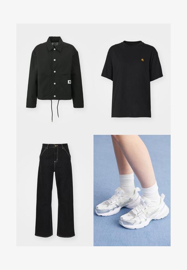 Fekete, vágott fazonú dzseki tartós anyagból. Klasszikus gallérral, ezüst színű patentgombokkal, két elülső zsebbel és állítható, húzózsinóros hemmel rendelkezik.; Fekete pamut póló laza szabással. Kerek nyakkal és rövid ujjakkal rendelkezik. A mellkason egy kis arany hímzett logó található.; Fekete, széles szárú farmernadrág, kontrasztos fehér varrással és elülső gombos záródással, két ferde elülső zsebbel.; Fehér sportcipők, hálós és szintetikus borítással, ezüst Nike logóval, fehér bordás zoknikkal párosítva, egy kék felületen.