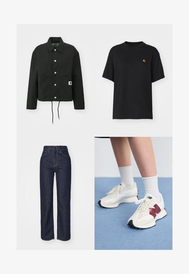 Musta lyhyt takki, joka on valmistettu kestävästä kankaasta. Ominaisuuksiin kuuluvat klassinen kaulus, hopeiset napit, kaksi etutaskua ja säädettävä nyörihelma.; Musta puuvillapaita rentolla leikkauksella. Korostaa pyöreää kaula-aukkoa ja lyhyitä hihoja. Sisältää pienen kultavärisen brodeeratun logon rinnassa.; Tummansiniset farkut, joissa on korkea vyötärö ja suora lahje, näkyvät ompeleet, viisi taskua ja edessä nappisuljenta.; Pari valkoisia tennareita, joissa on maroon-väriset yksityiskohdat, teksturoituja paneleita, litteä musta pohja ja vaaleat nauhat, käytettyinä valkoisten nilkkasukkien kanssa.