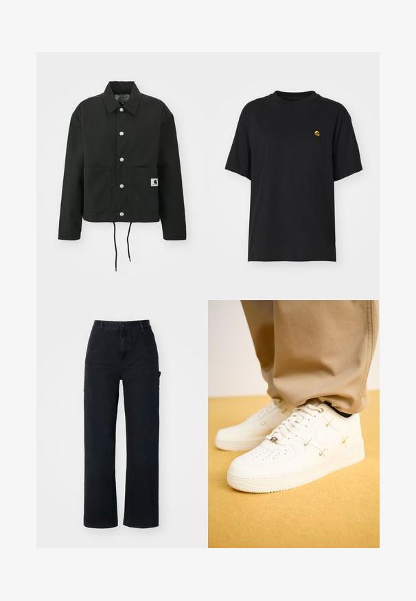 Must must ümber lõikega must jakk, mis on valmistatud vastupidavast kangast. Omab klassikalist kraed, hõbedasi tõmblukke, kahte esist taskut ja reguleeritavat nööriga hemmi.; Must must särk lõdva lõikega. Omab ümmargust kaelust ja lühikesi varrukaid. Rinnal on väike kuldne tikandiga logo.; Mustadest denimist valmistatud sirgete säärega püksid, millel on kõrge vöökoht, tavaline nööpkinnitus ja küljetaskud.; Valge nahast tossud perforatsiooniga varbaküljel, kuldsed aktsendid ja lame nöör, koos beežide pükstega tekstureeritud kollasel pinnal.