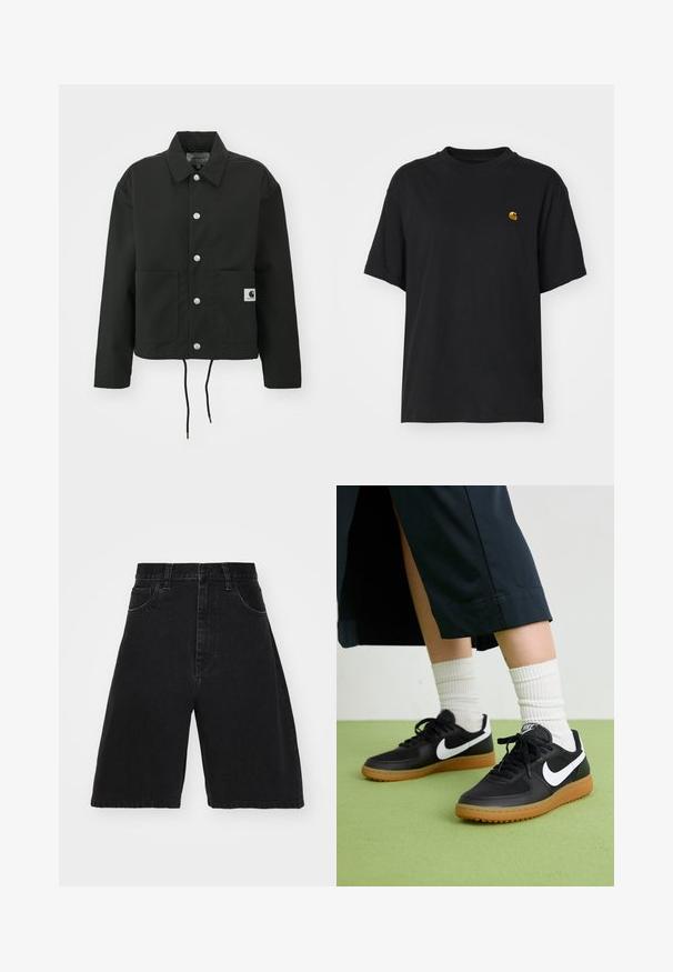 Svart kort jacka i slitstarkt tyg. Har en klassisk krage, silverfärgade tryckknappar, två framfickor och justerbar dragsko i fållen.; Svart bomullströja med en avslappnad passform. Har rund hals och korta ärmar. Inkluderar en liten guld broderad logotyp på bröstet.; Svart denimshorts med hög midja och vida ben, med fem fickor och knäppning. Slät textur med minimal blekning.; Svarta läder- och syntetiska sneakers med vit Nike-logga, gummisula, rund tå och svarta snörningar. Ribbad vit strumpor synliga.