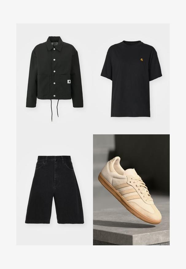 Black cropped jacket made of durable fabric. Features a classic collar, silver snap buttons, two front pockets, and adjustable drawstring hem.; Black cotton t-shirt with a relaxed fit. Features a round neck and short sleeves. Includes a small gold embroidered logo on the chest.; Black denim shorts with a high waist, wide leg design, featuring five pockets and a button closure. Smooth texture with minimal fading.; Light beige suede sneaker with gum outsole, three diagonal stripes, and a textured toe cap. Features logo on the tongue and side.