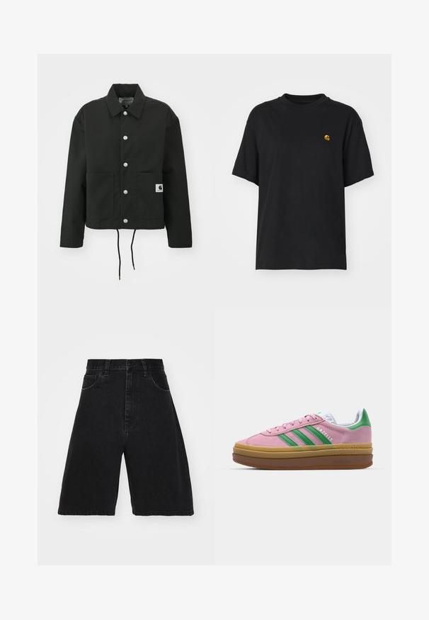 Black cropped jacket made of durable fabric. Features a classic collar, silver snap buttons, two front pockets, and adjustable drawstring hem.; Black cotton t-shirt with a relaxed fit. Features a round neck and short sleeves. Includes a small gold embroidered logo on the chest.; Black denim shorts with a high waist, wide leg design, featuring five pockets and a button closure. Smooth texture with minimal fading.; Pink suede sneakers with green stripes, white accents, and a brown rubber sole. Features textured fabric and logo detailing on the side.