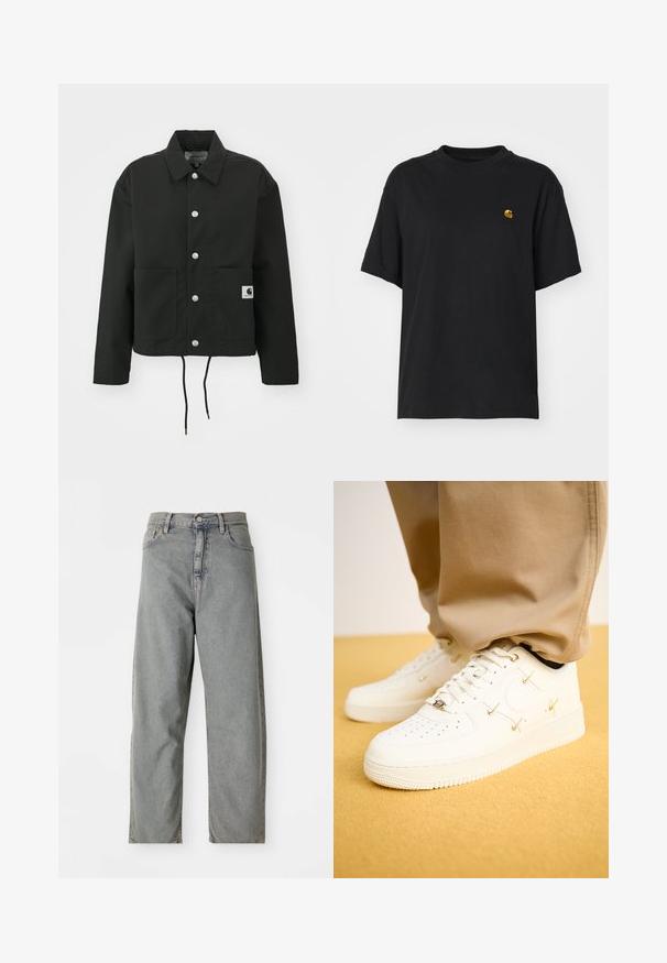 Juodas trumpas švarkas, pagamintas iš tvirto audinio. Savybės: klasikinė apykaklė, sidabriniai mygtukai, dvi priekinės kišenės ir reguliuojamas raištelis aptempimui.; Juoda medvilnės marškinėliai su laisvu siluetu. Turi apvalų kaklą ir trumpas rankoves. Ant krūtinės yra maža auksinė siuvinėta logo.; Šviesiai pilki džinsai su tiesiu kirpimu, turintys priekinį mygtuko uždarymą, penkias kišenes ir švelnų blukimą.; Balti odiniai sportbačiai su perforuotu pirštu, auksiniais akcentais ir plokščiomis virvutėmis, derinami su smėlio spalvos kelnėmis ant tekstūruotos geltonos dangos.