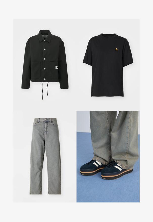 Black cropped jacket made of durable fabric. Features a classic collar, silver snap buttons, two front pockets, and adjustable drawstring hem.; Black cotton t-shirt with a relaxed fit. Features a round neck and short sleeves. Includes a small gold embroidered logo on the chest.; Light gray denim jeans with a straight-leg design, featuring a front button closure, five pockets, and subtle fading.; Dark blue suede platform sneakers with white stripes and black laces. Features a thick brown rubber sole. Worn with light blue denim pants.