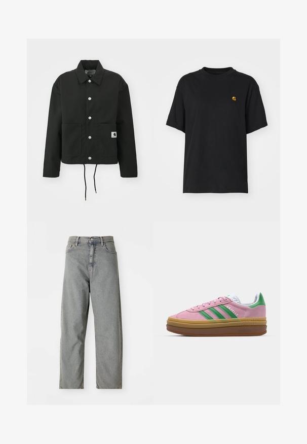 Black cropped jacket made of durable fabric. Features a classic collar, silver snap buttons, two front pockets, and adjustable drawstring hem.; Black cotton t-shirt with a relaxed fit. Features a round neck and short sleeves. Includes a small gold embroidered logo on the chest.; Light gray denim jeans with a straight-leg design, featuring a front button closure, five pockets, and subtle fading.; Pink suede sneakers with green stripes, white accents, and a brown rubber sole. Features textured fabric and logo detailing on the side.