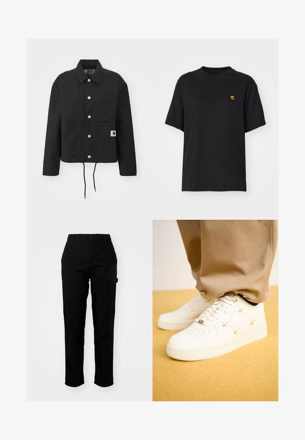 Sort cropped jakke lavet af slidstærkt stof. Har en klassisk krave, sølvfarvede trykknapper, to frontlommer og justerbar snoretræk i nederste kant.; Sort bomulds T-shirt med en afslappet pasform. Har en rund halsudskæring og korte ærmer. Inkluderer et lille guld broderet logo på brystet.; Carhartt WIP PIERCE PANT - Bukser - black; Hvide lædersneakers med perforeret tå, gyldne accenter og flade snørebånd, parret med beige bukser på en struktureret gul overflade.