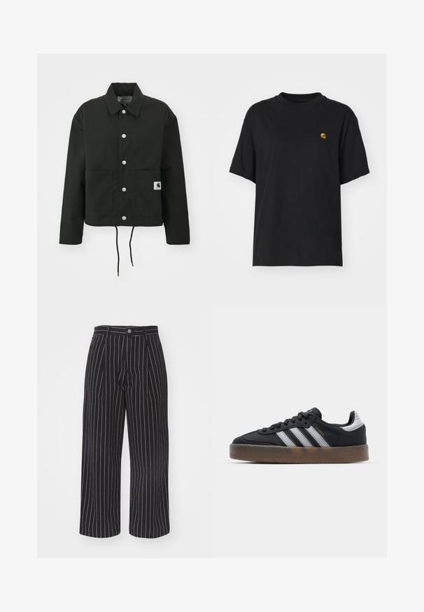 Crna skraćena jakna od izdržljivog materijala. Ima klasični ovratnik, srebrne dugmadi s kopčama, dva prednja džepa i podesivu vezicu na rubu.; Crna pamučna majica s opuštenim krojem. Ima okrugli izrez i kratke rukave. Sadrži mali zlatni izvezeni logo na prsima.; Crne široke hlače s prugicama i visokim strukom, s prednjim zatvaranjem na dugme i suptilnom teksturom tkanine.; Crne tenisice s elegantnim dizajnom, s tri bijele pruge, crnim jezikom i teksturiranom smeškom gumom. Akcenti zlatnog natpisanja.
