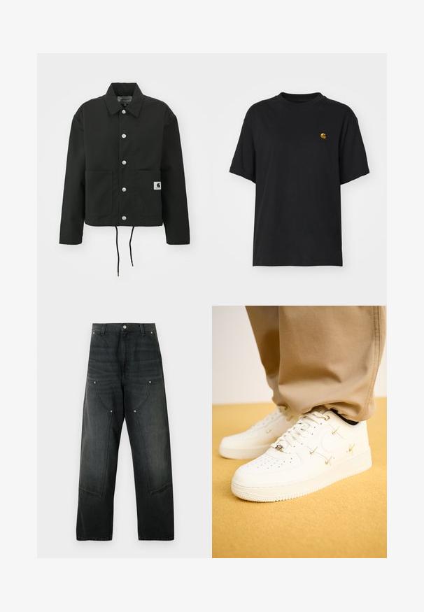 Czarna krótka kurtka wykonana z trwałego materiału. Posiada klasyczny kołnierz, srebrne napy, dwie kieszenie z przodu oraz regulowany dół ze sznurkiem.; Czarna bawełniana koszulka z luźnym krojem. Posiada okrągły dekolt oraz krótkie rękawy. Zawiera małe złote haftowane logo na piersi.; Czarne spodnie z szerokimi nogawkami z denimu, z wysokim stanem, zapinane na guziki, z szlufkami na pasek, dużymi naszywanymi przednimi kieszeniami ozdobionymi nitami.; Białe skórzane sneakersy z perforowanym noskiem, złotymi akcentami i płaskimi sznurowadłami, zestawione z beżowymi spodniami na teksturowanej żółtej powierzchni.