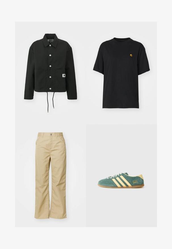 Černá zkrácená bunda vyrobená z odolné tkaniny. Obsahuje klasický límec, stříbrné cvoky, dvě přední kapsy a nastavitelné stahování v dolní části.; Černé bavlněné tričko s uvolněným střihem. Má kulatý výstřih a krátké rukávy. Obsahuje malé zlaté vyšívané logo na hrudi.; Béžové bavlněné kalhoty širokého střihu s hladkou textura, s předními kapsami a stříbrným knoflíkem na pase.; Zelené semišové boty s žlutými akcenty a třemi pruhy. Zaoblená špice, plochá gumová podešev a výrazné logo značky na boku.