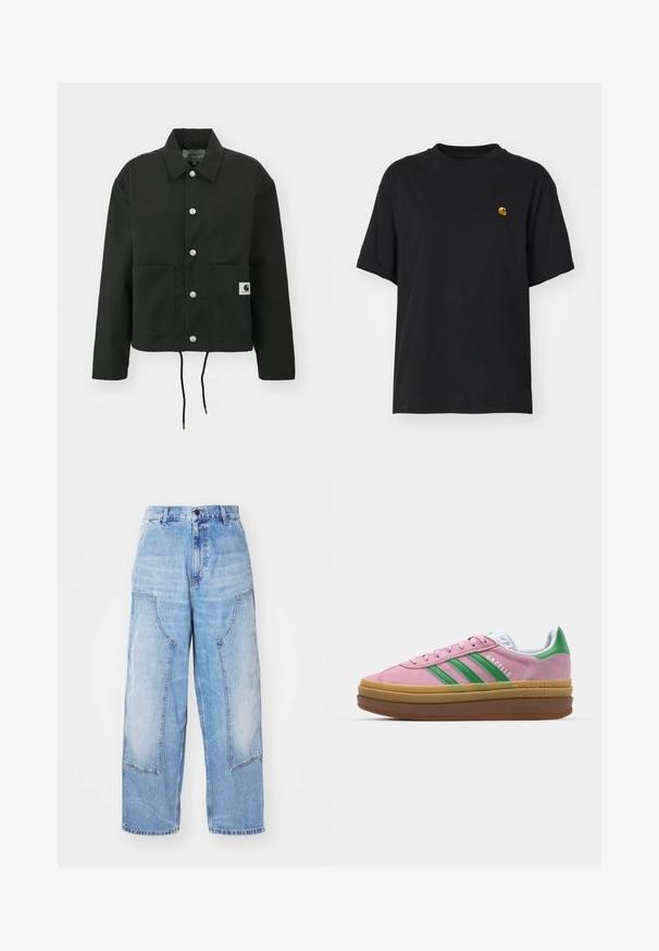 Crna skraćena jakna od izdržljivog materijala. Ima klasični ovratnik, srebrne dugmadi s kopčama, dva prednja džepa i podesivu vezicu na rubu.; Crna pamučna majica s opuštenim krojem. Ima okrugli izrez i kratke rukave. Sadrži mali zlatni izvezeni logo na prsima.; Svijetloplave traper hlače širokih nogavica s dva velika prednja džepa, kopčom na gumb i suptilnim izbljeđenjem. Šivani detalji na džepovima.; Roze suede tenisice s zelenim trakama, bijelim detaljima i smešnim gumiranim potplatima. Imaju teksturirani materijal i logo detalje sa strane.