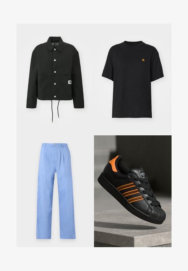 Musta lyhyt takki, joka on valmistettu kestävästä kankaasta. Ominaisuuksiin kuuluvat klassinen kaulus, hopeiset napit, kaksi etutaskua ja säädettävä nyörihelma.; Musta puuvillapaita rentolla leikkauksella. Korostaa pyöreää kaula-aukkoa ja lyhyitä hihoja. Sisältää pienen kultavärisen brodeeratun logon rinnassa.; Vaaleansiniset pellavahousut, joissa on laskostettu etu, korkea vyötärö ja suora lahjesuunnittelu. Sisältää nappikiinnityksen vyötäröllä.; Musta sneaker oransseilla yksityiskohdilla, kolme vaakasuuntaista raitaa, tekstuuri-nahkapinta, kuminen varvaskansi ja mustat nauhat.