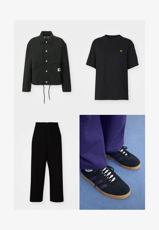 Veste noire coupée en tissu durable. Comprend un col classique, des boutons-pression argentés, deux poches avant et un ourlet avec cordon de serrage réglable.; T-shirt en coton noir à coupe décontractée. Présente un col rond et des manches courtes. Comprend un petit logo doré brodé sur la poitrine.; Pantalons noirs en tissu coton robuste. Présentent un design à jambe droite, des passants de ceinture, une fermeture à bouton et un ourlet propre.; Baskets en suede noires avec des rayures violettes, lacets blancs et semelles en caoutchouc. Portées avec un pantalon violet ample, sur fond bleu.