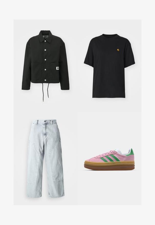 Black cropped jacket made of durable fabric. Features a classic collar, silver snap buttons, two front pockets, and adjustable drawstring hem.; Black cotton t-shirt with a relaxed fit. Features a round neck and short sleeves. Includes a small gold embroidered logo on the chest.; Light blue denim wide-leg trousers with large side pockets, a high waist, and a loose fit. Distressed texture with a faded finish.; Pink suede sneakers with green stripes, white accents, and a brown rubber sole. Features textured fabric and logo detailing on the side.