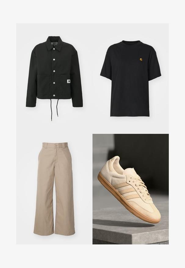 Svart, kort jakke laget av slitesterkt stoff. Har en klassisk krage, sølvfargede trykknapper, to framlommer og justerbar snor i nederkant.; Svart bomulls t-skjorte med løs passform. Har rund hals og korte ermer. Inkluderer en liten gullbrodert logo på brystet.; Beige videbukser laget av en bomullsblanding, med høy midje, strukturert design og frontlommer.; Lys beige suedette sneakers med gummisåle, tre diagonale striper og en teksturert tåhette. Har logo på tungen og siden.