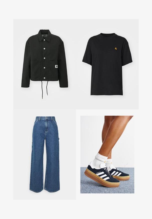 Fekete, vágott fazonú dzseki tartós anyagból. Klasszikus gallérral, ezüst színű patentgombokkal, két elülső zsebbel és állítható, húzózsinóros hemmel rendelkezik.; Fekete pamut póló laza szabással. Kerek nyakkal és rövid ujjakkal rendelkezik. A mellkason egy kis arany hímzett logó található.; Széles szárú, kék farmernadrág magas derékkal, kontrasztos varrással és oldalsó zsebekkel, klasszikus öt zsebes kialakítással és nyers szegéllyel.; Fekete velúr sportcipő fehér csíkokkal és díszítésekkel, lekerekített orral, gumitalpú külső résszel, fehér bordázott bokazoknival párosítva.