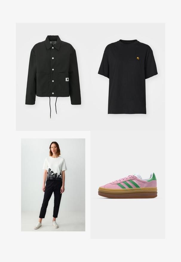 Veste noire coupée en tissu durable. Comprend un col classique, des boutons-pression argentés, deux poches avant et un ourlet avec cordon de serrage réglable.; T-shirt en coton noir à coupe décontractée. Présente un col rond et des manches courtes. Comprend un petit logo doré brodé sur la poitrine.; Haut blanc court à manches courtes avec un motif floral noir sur l'ourlet, associé à un pantalon noir ajusté et des baskets blanches.; Baskets en daim rose avec des rayures vertes, des accents blancs et une semelle en caoutchouc brun. Comportent un tissu texturé et un détail de logo sur le côté.