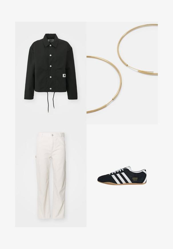 Črna kratka jakna iz trpežnega materiala. Ima klasičen ovratnik, srebrne pritiskače, dve sprednji žepi in nastavljiv rob z vrvico.; Dve bele bombažne majice s kratkimi rokavi, okroglimi izrezi in prilegajočo silhueto, ki prikazujejo gladko teksturo in minimalističen dizajn.; Beli bombažne cargo hlače bele barve s ravnimi nogami, opremljene s stranskimi žepi in gumbom za zapiranje v pasu. Gladek tekstur.; Črne semiš škornje z belimi tremi črtami, zlatim logotipom in rjavim gumijastim podplatom. Imajo nizke vezalke.; Zlate obroče ušesne uhane, tanke in krožne oblike, z gladko kovinsko površino brez okrasnih elementov ali vzorcev.