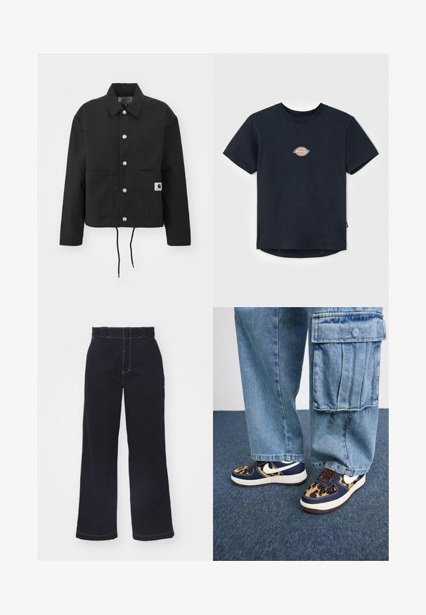 Zwarte cropped jas gemaakt van duurzaam materiaal. Heeft een klassieke kraag, zilveren drukknoopsluitingen, twee voorzakken en een verstelbare trekkoordzoom.; Zwarte katoenen t-shirt met korte mouwen, ronde hals, en een klein multikleurig logo op de borst. Rechte zoom met een iets langere achterkant.; Donkerblauwe wijde broek van katoen met een hoge taille, met contrasterende witte stiksels en een schone, eenvoudige uitstraling.; Marineblauwe sneakers met een luipaardprint-accent, witte Nike swoosh, bruine veters en een witte tussenzool. Gepaarde met lichte denim cargo-broeken.