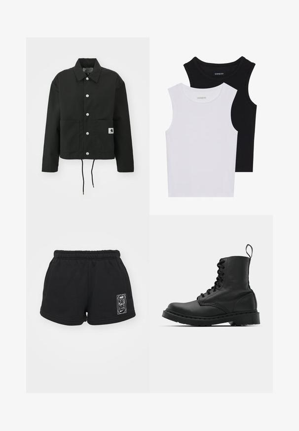 Casaco cropped preto feito de tecido durável. Apresenta um colarinho clássico, botões de pressão prateados, dois bolsos frontais e bainha ajustável com cordão.; Duas blusas sem mangas em preto e branco, feitas de algodão canelado, com decotes redondos e um design ajustado. Etiquetas visíveis em ambas.; Calções de algodão pretos com uma cintura elástica, apresentando uma impressão gráfica branca na parte frontal esquerda e bolsos laterais.; Bota de combate em couro preto com bico redondo, atacadores na parte da frente e um puxador no tornozelo. Apresenta uma sola de borracha grossa para maior durabilidade.