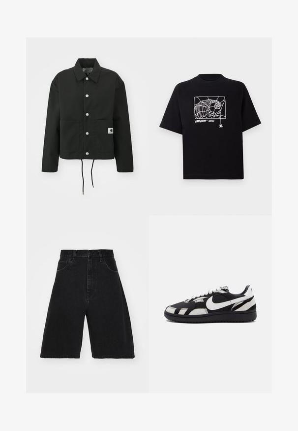 Čierna krátka bunda vyrobená z odolnej tkaniny. Obsahuje klasický golier, strieborné cvoky, dve predné vrecká a nastaviteľný šnúrkový lem.; Čierne tričko z bavlny s krátkymi rukávmi. Na prednej strane má biely grafický motív pavučiny a logo. Jednoduchý zaoblený výstrih.; Čierne džínsy šortky s vysokým pásom a širokým strihom, ktoré majú päť vreciek a zapínanie na gombík. Hladká štruktúra s minimálnym vyblednutím.; Čierne a biele tenisky s textúrovaným zvrškom, vybavené výrazným bielym Swooshom Nike a čiernou podrážkou, šnurovaním a vzorovanými akcentmi.
