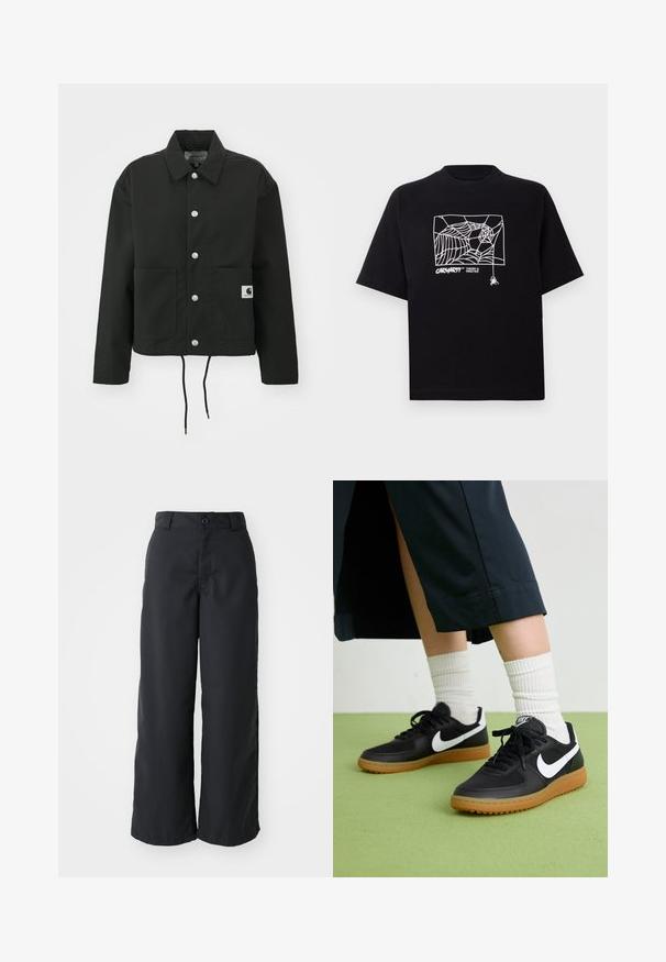 Black cropped jacket made of durable fabric. Features a classic collar, silver snap buttons, two front pockets, and adjustable drawstring hem.; Black T-shirt made of cotton with short sleeves. Features a white spider web graphic and logo on the front. Simple rounded neckline.; Black wide-leg pants made of smooth fabric, featuring a button closure and side pockets, with a clean-cut design and tailored silhouette.; Black leather and synthetic sneakers with white Nike swoosh, rubber gum sole, round toe, and black laces. Ribbed white socks visible.