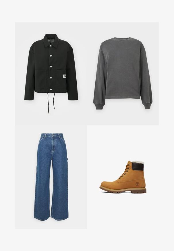 Juodas trumpas švarkas, pagamintas iš tvirto audinio. Savybės: klasikinė apykaklė, sidabriniai mygtukai, dvi priekinės kišenės ir reguliuojamas raištelis aptempimui.; Pilkas ilgas rankovėmis džemperis su apvalia kaklo iškirpte, pagamintas iš minkštos medžiagos. Yra elastinės rankogaliai ir laisvas siluetas. Minimalistinis dizainas, be raštų.; Plačios mėlynos džinsinės kelnes su aukštu juosmeniu, kontrastingais siūlais ir šoninėmis kišenėmis, turinčios klasikinį penkių kišenių dizainą ir brutalius kraštus.; Rudas odinis aulinis batai su rudai paminkštintu apvadu, metaliniais akmenimis ir tekstūruotu, patvariu padu. Yra logotipas šalia kulno.