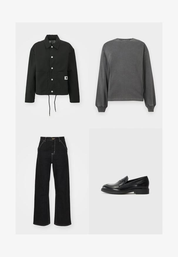 Black cropped jacket made of durable fabric. Features a classic collar, silver snap buttons, two front pockets, and adjustable drawstring hem.; Gray long-sleeve sweatshirt with a crew neck, made of soft fabric. Features ribbed cuffs and a relaxed fit. Minimalist design, no patterns.; Black wide-leg jeans made of denim, featuring contrasting white stitching and a front button closure, with two angled front pockets.; Black leather loafers with a rounded toe, stitched detailing, and a low block heel. Smooth texture with no visible patterns or accents.