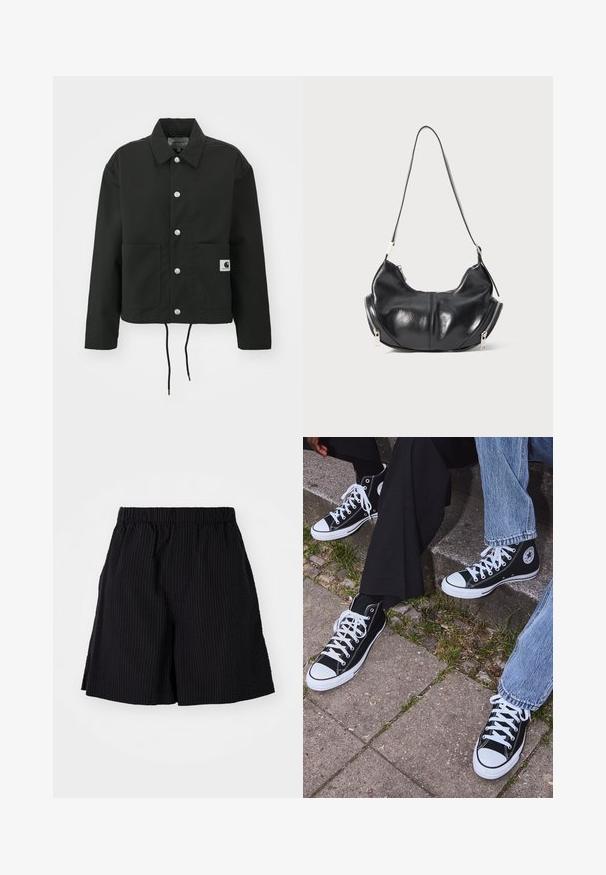 Schwarz gekürzte Jacke aus strapazierfähigem Stoff. Mit klassischem Kragen, silbernen Druckknöpfen, zwei Fronttaschen und verstellbarem Kordelzug am Saum.; Grauer Langarm-Sweatshirt mit Rundhalsausschnitt, aus weichem Stoff gefertigt. Mit gerippten Bündchen und entspannter Passform. Minimalistisches Design, ohne Muster.; Schwarze Shorts aus strukturiertem Stoff mit einem gerippten Muster. Besitzen einen elastischen Bund und eine lockere Passform. Enden knapp über dem Knie.; Schwarzecanvas-Sneaker mit hohem Schaft, weißen Gummisohlen und Schnürsenkeln, die ein rundes Logo an der Seite besitzen und mit Denim- sowie schwarzen Hosen kombiniert sind.; Schwarze lederne, mondförmige Schultertasche mit silbernen Reißverschlüssen auf beiden Seiten und einem einzigen Trageriemen.