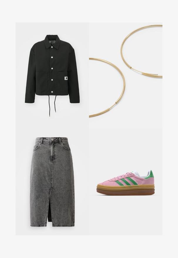 Chaqueta corta negra hecha de tela resistente. Presenta un collar clásico, botones a presión plateados, dos bolsillos frontales y un dobladillo ajustable con cordón.; Conjunto de tres camisetas de manga corta en negro, gris y blanco. Están hechas de algodón, cuentan con cuello redondo y un diseño simple de un solo color.; Falda midi de mezclilla negra deslavada de talle alto, con abertura frontal, pasadores para cinturón y diseño clásico de cinco bolsillos.; Zapatillas de ante rosa con rayas verdes, acentos blancos y una suela de goma marrón. Presentan un tejido texturizado y detalles del logo en el costado.; Pendientes de aro color dorado, delgados y redondos, con un acabado metálico suave y sin adornos ni patrones.