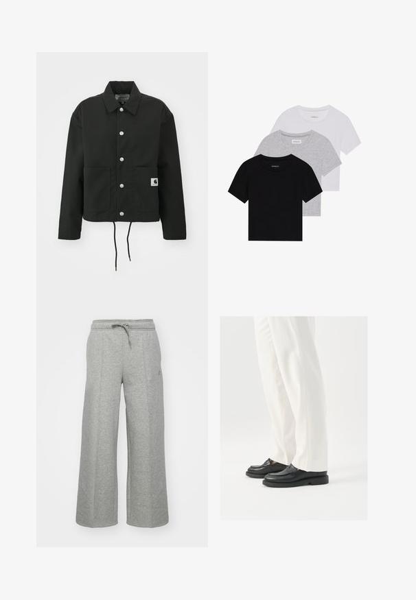 Melnā apgrieztā jakā, kas izgatavota no izturīga auduma. Tam ir klasiskā apkakle, sudraba kniedes, divas priekšējās kabatas un regulējams savelkamo apakšmalu.; Trīs īsām piedurknēm T-krekli melnā, pelēkā un baltā krāsā. Izgatavoti no kokvilnas, ar apaļu kakla izgriezumu un vienkāršu, viendabīgu krāsas dizainu.; Pelēki platā kāja sporta bikses, izgatavotas no mīkstas auduma, ar elastīgu jostasvietu un auklu, kā arī smalkām sānu šuvēm. Bez kabatām.; Melni ādas loafers ar gludu tekstūru, šuvju detaļām un apaļu pirkstu daļu, apvienoti ar baltām pielāgotām biksēm.