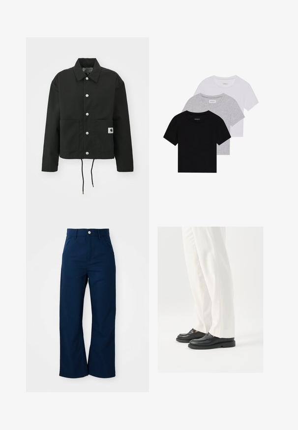 Must must ümber lõikega must jakk, mis on valmistatud vastupidavast kangast. Omab klassikalist kraed, hõbedasi tõmblukke, kahte esist taskut ja reguleeritavat nööriga hemmi.; Kollektsioon kolm lühikese varrukaga T-särki mustas, hallis ja valges värvitoonis. Valmistatud puuvillast, ümmarguse kaelusega ja lihtsa, ühevärvilise disainiga.; Tumed sinine laiad püksid, mis on valmistatud tugevast kangast, eesnupu sulgemisega ja nelja taskuga, millel on sile tekstuur.; Mustad musta nahast loafers, millel on sile tekstuur, õmblustäiendused ja ümar nina, koos valgete kohandatud pükstega.