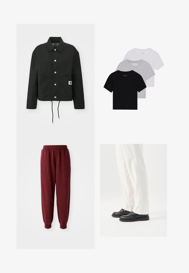 Schwarz gekürzte Jacke aus strapazierfähigem Stoff. Mit klassischem Kragen, silbernen Druckknöpfen, zwei Fronttaschen und verstellbarem Kordelzug am Saum.; Set aus drei kurzärmeligen T-Shirts in Schwarz, Grau und Weiß. Hergestellt aus Baumwolle, mit Rundhalsausschnitt und einem einfachen, einfarbigen Design.; Burgunderfarbene Jogginghose mit elastischem Bund und elastischen Bündchen. Glatte Textur und lockere Passform. Keine sichtbaren Muster oder Hardware-Details.; Schwarze Lederloafers mit glatter Textur, mit Stichdetails und runder Zehenform, kombiniert mit weißen maßgeschneiderten Hosen.
