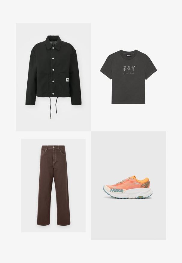 Casaco cropped preto feito de tecido durável. Apresenta um colarinho clássico, botões de pressão prateados, dois bolsos frontais e bainha ajustável com cordão.; T-shirt cinza carvão feito de algodão macio, apresentando flores bordadas brancas e o texto "cultive pensamentos positivos" abaixo do design.; Calças de denim largas de cor castanha com costura em contraste, cinco bolsos e fecho de botão metálico. Tecido suave, corte reto.; Sapatilha de corrida laranja e rosa com parte superior em malha, entressola branca, sola Vibram e detalhes em azul claro. Apresenta a marca HOKA na lateral.
