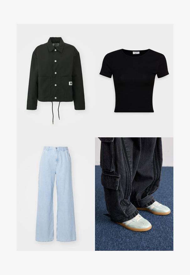 Crna skraćena jakna od izdržljivog materijala. Ima klasični ovratnik, srebrne dugmadi s kopčama, dva prednja džepa i podesivu vezicu na rubu.; Crna majica kratkih rukava izrađena od glatkog pamučnog materijala, s okruglim izrezom i prilagođenim dizajnom. Minimalistička bez vidljivih uzoraka.; Svijetloplave široke traperice izrađene od denima, s prednjim džepovima, petljama za remen i zakovicom. Ravna tekstura i čista završna obrada.; Nježne zeleno-mentolne tenisice s bijelim detaljima, uparene s raskošnim crnim cargo hlačama koje imaju bočne džepove i crne pruge.