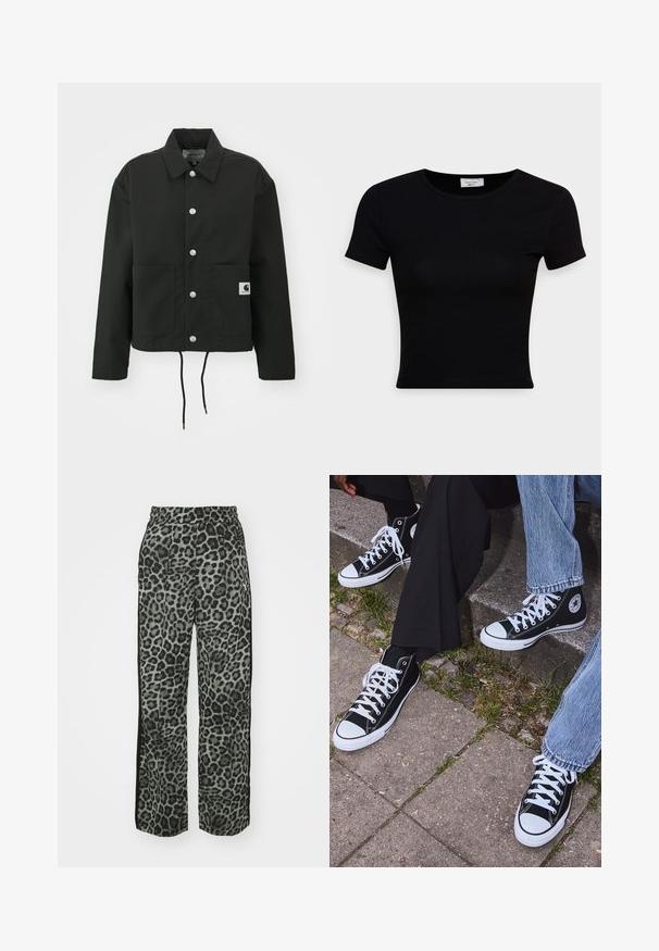 Melnā apgrieztā jakā, kas izgatavota no izturīga auduma. Tam ir klasiskā apkakle, sudraba kniedes, divas priekšējās kabatas un regulējams savelkamo apakšmalu.; Melnas īsām piedurknēm t-krekls, izgatavots no gludas kokvilnas auduma, ar apaļu kakla izgriezumu un pieguļošu dizainu. Minimalistisks, bez redzamām rakstām.; Lepardu raksta bikses pelēkās krāsās ar brīvu piegriezumu, elastīgu jostasvietu un melnajām sānu akcentēm, lai pievienotu detaļu un kontrastu.; Melni augstie kanvas sporta apavi ar baltām gumijas zolemi un šņorēm, ar apļa logotipu sānos, kombinēti ar džinsu un melnām biksēm.