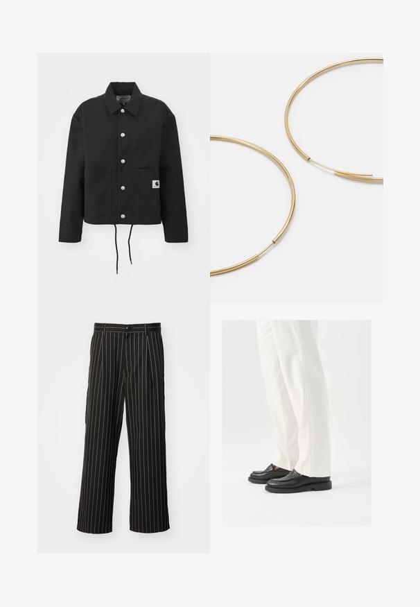 Giacca nera cropped realizzata in tessuto resistente. Presenta un colletto classico, bottoni automatici argentati, due tasche frontali e orlo regolabile con coulisse.; T-shirt bianco a maniche corte con scollatura rotonda, realizzato in morbido cotone. Presenta un logo discreto sul davanti e una vestibilità comoda.; Pantaloni neri a gamba larga con un motivo a righe verticali, realizzati in un tessuto liscio con chiusura a bottone e tasche laterali.; Mocassini neri in pelle con una texture liscia, dettagli in cucitura e punta arrotondata, abbinati a pantaloni bianchi su misura.; Orecchini a cerchio color oro, sottili e rotondi, con una finitura metallica liscia e senza decorazioni o motivi.