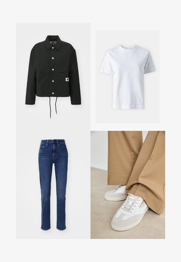 Črna kratka jakna iz trpežnega materiala. Ima klasičen ovratnik, srebrne pritiskače, dve sprednji žepi in nastavljiv rob z vrvico.; Bela bombažna majica s krojem na vratu, kratkimi rokavi, ravnim krojem in gladko teksturo. Brez vzorcev ali okrasnih elementov.; Visoko pasovi modri jeans iz denima, z ravnim krojem, subtilnim bledenjem in klasičnim pet-pocket stilom z kovinsko opremo.; Bela sneakerja z zamšastimi detajli, teksturiranimi vezalkami in gumijastim podplatom. V kombinaciji s širokimi svetloplavimi hlačami. Logotip prikazan na strani.