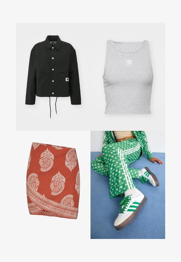 Juodas trumpas švarkas, pagamintas iš tvirto audinio. Savybės: klasikinė apykaklė, sidabriniai mygtukai, dvi priekinės kišenės ir reguliuojamas raištelis aptempimui.; Pilkas, be rankovių, trumpas viršus, pagamintas iš minkštos medžiagos, su apvaliu kaklu ir mažu baltu "Adidas" logotipu ant krūtinės.; Rūdžių spalvos sijonas su baltais paisley ir gėlių raštais. Su įstrižainiu apvadu ir sudėtingu krašto dizainu apatiniame edge.; Žalias modeliuotas treniruočių kostiumas su baltomis gėlių detalėmis ir baltomis juostelėmis, derinamas su baltomis sportinėmis bateliais, turinčiais žalias juosteles ir blizgučiais raišteliais.