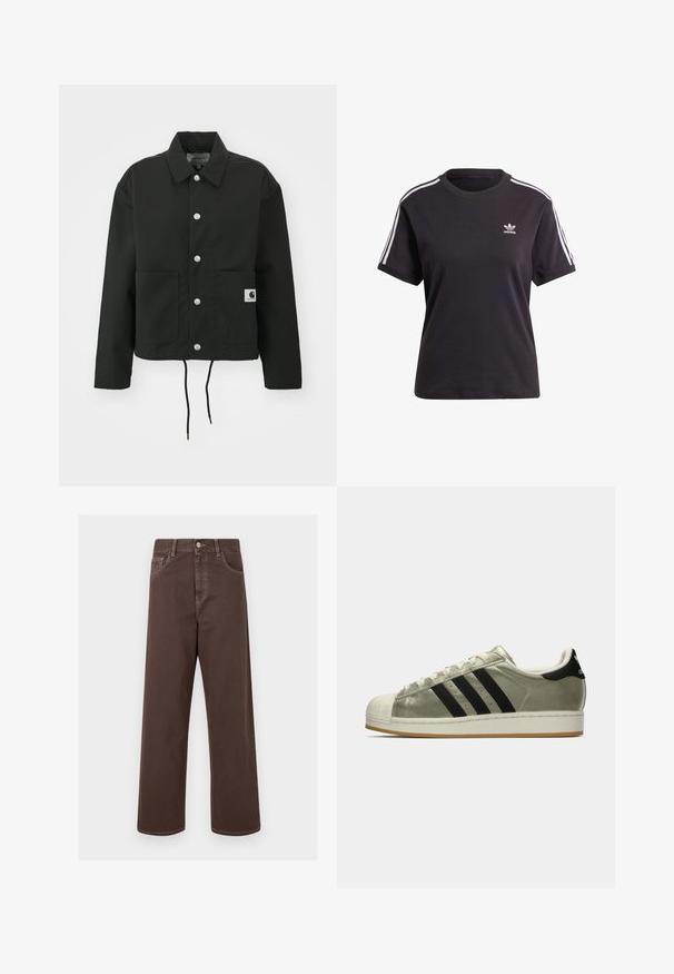 Svart, kort jakke laget av slitesterkt stoff. Har en klassisk krage, sølvfargede trykknapper, to framlommer og justerbar snor i nederkant.; Svart bomull T-skjorte med kort erme og rund hals, med hvite striper på skuldrene og en liten hvit Adidas-logo på brystet.; Brune vide ben bukser i denim med kontrasterende syninger, fem lommer og metalknaplukning. Glat tekstur, lige snit.; Adidas-sneakers med en metallisk olivenfarge på overdelen, tre svarte striper, gummitåhette og en såle av gummi. Klassisk design med teksturert stoff.