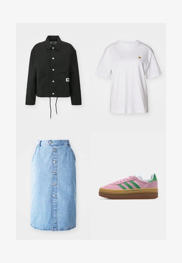 Casaco cropped preto feito de tecido durável. Apresenta um colarinho clássico, botões de pressão prateados, dois bolsos frontais e bainha ajustável com cordão.; T-shirt branca de algodão com um corte descontraído, mangas curtas e um pequeno logótipo bordado na área do peito esquerdo.; Saia de ganga azul clara com corte reto, fecho frontal por botões e costura subtil. Hemisfério em forma de V e sem padrões visíveis.; Ténis de camurça rosa com riscas verdes, detalhes brancos e sola de borracha castanha. Apresenta tecido texturizado e detalhes de logótipo na lateral.