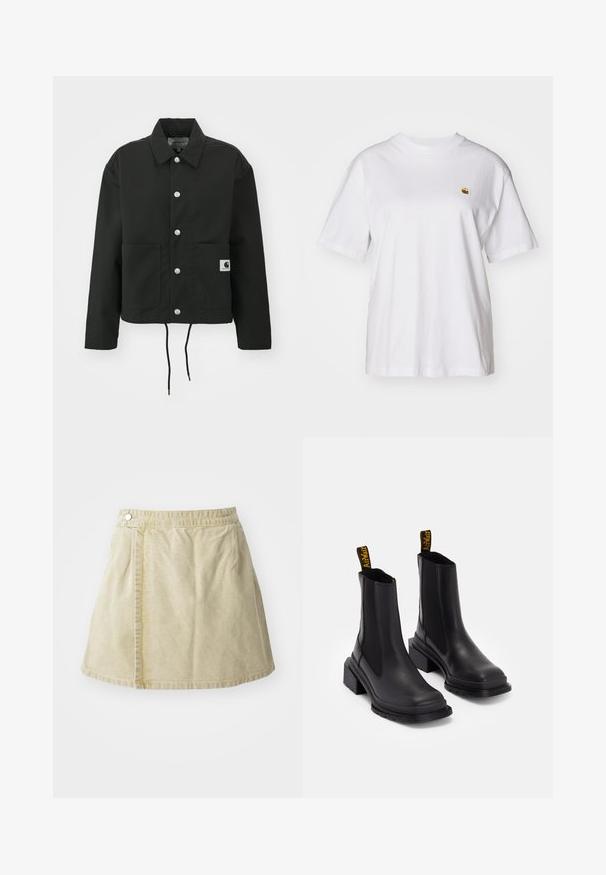 Melnā apgrieztā jakā, kas izgatavota no izturīga auduma. Tam ir klasiskā apkakle, sudraba kniedes, divas priekšējās kabatas un regulējams savelkamo apakšmalu.; Balta kokvilnas T-kreklā ar brīvu piegriezumu, īsām piedurknēm un mazu izšūtu logotipu kreisajā krūtīs.; Kaki mini svārki, kas izgatavoti no mīksta auduma, ar sānu pogu aizdari, gludu tekstūru un nedaudz izplatu siluetu ar hemu virs ceļgaliem.; Melni potītes ar gludu ādu, elastīgām sānu daļām, kvadrātveida purngaliem un masīviem papēžiem. Iezīmētas ar dzeltenām zīmola izvilkšanas cilpām.