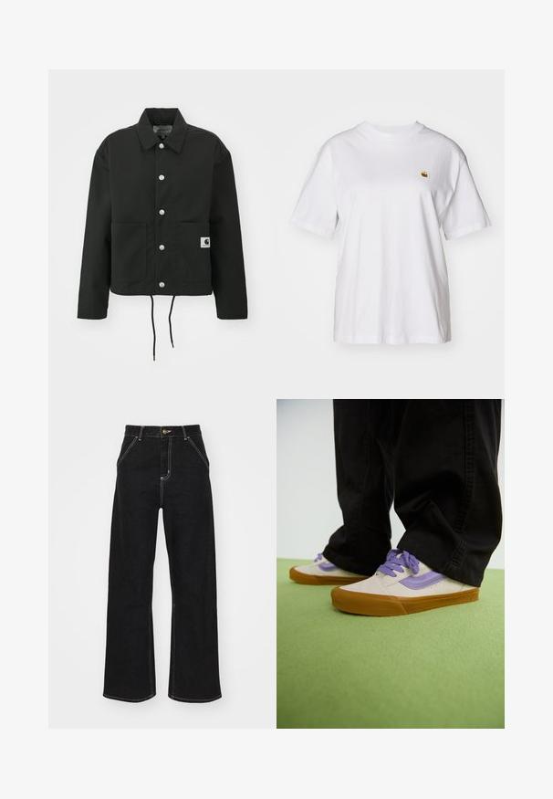 Svart, kort jakke laget av slitesterkt stoff. Har en klassisk krage, sølvfargede trykknapper, to framlommer og justerbar snor i nederkant.; Hvit bomulls t-skjorte med avslappet passform, korte ermer og en liten brodert logo på venstre brystområde.; Svarte vide jeans laget av denim, med kontrasterende hvite sømmer og en frontknapplukking, samt to skrå frontlommer.; Lys beige sneakers med lilla detaljer, gummisåle og flate lisser. Båret med svarte bukser, vist på en grønn teksturert overflate.