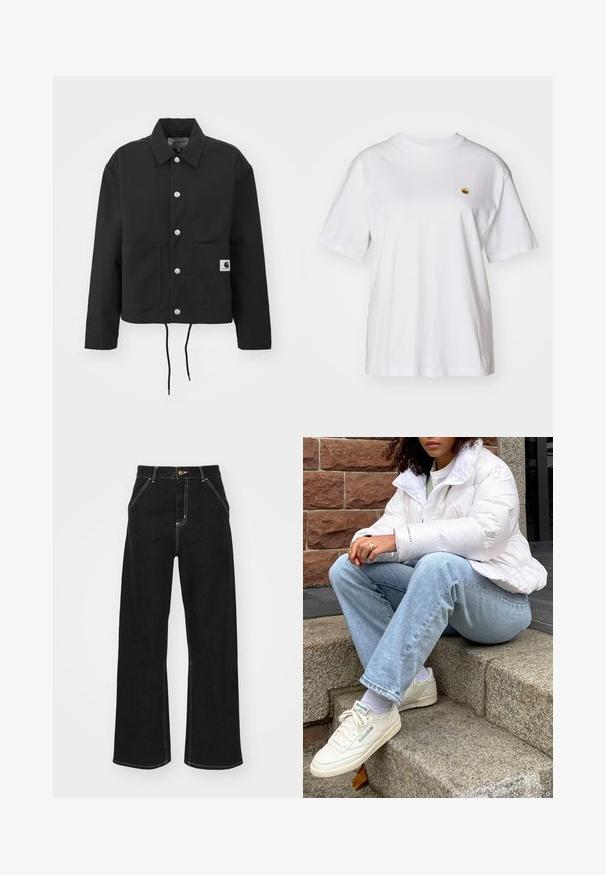 Fekete, vágott fazonú dzseki tartós anyagból. Klasszikus gallérral, ezüst színű patentgombokkal, két elülső zsebbel és állítható, húzózsinóros hemmel rendelkezik.; Fehér pamut póló laza szabással, rövid ujjakkal és egy kis hímzett logóval a bal mellrészén.; Fekete, széles szárú farmernadrág, kontrasztos fehér varrással és elülső gombos záródással, két ferde elülső zsebbel.; Fehér puffernadrág magas nyakkal, világoskék farmernadrág és fehér Reebok sportcipő. A háttérben textúrált kőlépcsők.