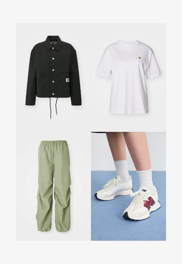 Μαύρο κοντό τζάκετ κατασκευασμένο από ανθεκτικό ύφασμα. Διαθέτει κλασικό γιακά, ασημί κουμπιά σναπ, δύο μπροστινές τσέπες και προσαρμόσιμο κορδόνι στο τελείωμα.; Λευκό βαμβακερό μπλουζάκι με χαλαρή εφαρμογή, κοντά μανίκια, και ένα μικρό κεντητό λογότυπο στην αριστερή περιοχή του στήθους.; Ανοιχτοπράσινο παντελόνι με ελαστική ζώνη, χαλαρή γραμμή, με ραφές στο πλάι και μανσέτες. Κατασκευασμένο από απαλό ύφασμα.; Ζευγάρι λευκών αθλητικών παπουτσιών με μπορντό λεπτομέρειες, υφασμάτινες πάνελ, επίπεδη μαύρη σόλα και ανοιχτόχρωμες κορδόνες, φορεμένα με λευκές κάλτσες μέχρι τον αστράγαλο.