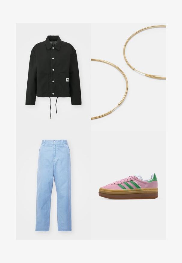 Must must ümber lõikega must jakk, mis on valmistatud vastupidavast kangast. Omab klassikalist kraed, hõbedasi tõmblukke, kahte esist taskut ja reguleeritavat nööriga hemmi.; Valge puuvillane T-särk, millel on lõdva lõikega, lühikesed varrukad ja väike broderi logo vasakul rinnakarpi.; Heledad sinine teksapüksid otse säärega, nupuga sulgemine ja ees olevad taskud. Kanga pind on peene tekstuuriga ja sile.; Roosa nahast tossud roheliste triipude, valgete aktsentide ja pruuni kummitaldiga. Omavad tekstuuriga kangast ja logo detaile külgedel.; Kulla värvi nõelad, õhukesed ja ümmargused, millel on sile metallist pind ja ilma kaunistuste või mustriteta.