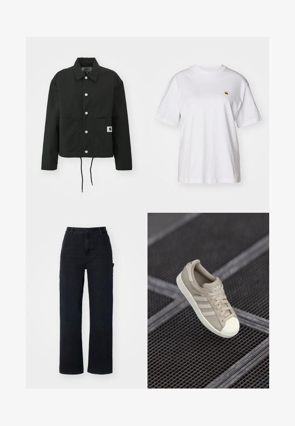 Must must ümber lõikega must jakk, mis on valmistatud vastupidavast kangast. Omab klassikalist kraed, hõbedasi tõmblukke, kahte esist taskut ja reguleeritavat nööriga hemmi.; Valge puuvillane T-särk, millel on lõdva lõikega, lühikesed varrukad ja väike broderi logo vasakul rinnakarpi.; Mustadest denimist valmistatud sirgete säärega püksid, millel on kõrge vöökoht, tavaline nööpkinnitus ja küljetaskud.; Bež Adidase Superstar tennis, mille tekstuuriga nahast ülemine osa, kolm külgmist triipu, ümmargune varbapea ning logo keele ja kontsaplaanil.